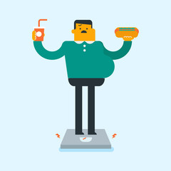 Overweight caucasian white man holding hot dog and soda in hands while measuring his weight on the floor scales. Lose weight and unhealthy lifestyle concept. Vector cartoon illustration. Square layout