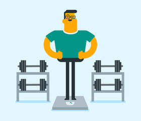 Caucasian white man weighing on the scales in the gym on the background of dumbbells. Sportsman measuring weight on scales after diet and workout. Weight loss concept. Vector cartoon illustration.