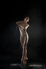 Fototapeta na wymiar Ballerina in lingerie under water in the dark