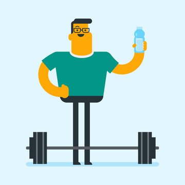 Caucasian White Man Drinking Water On The Background Of Barbell. Sportsman Standing With The Bottle Of Sport Drink In The Gym. Healthy Lifestyle Concept. Vector Cartoon Illustration. Square Layout.