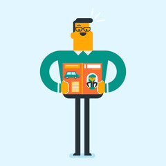 Smiling caucasian white man reading a magazine. Young man standing with a magazine in hands and reading good news. Full length of guy with journal. Leisure concept. Vector cartoon illustration.