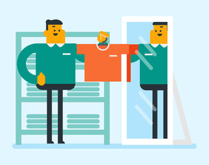 Caucasian white man trying on t-shirt and looking at himself in the mirror in the dressing room. Young cheerful man choosing clothes in the dressing room. Vector cartoon illustration.
