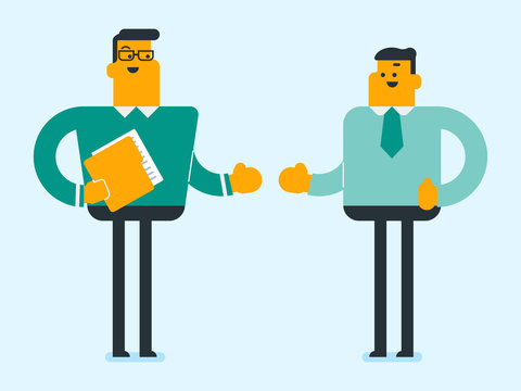 Two caucasian white business partners are going to shake hands. Business partners handshaking after successful deal. Handshake between two colleagues. Vector cartoon illustration. Horizontal layout.