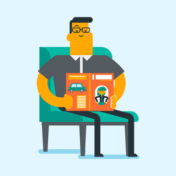Caucasian white man reading a magazine. Young man sitting on an armchair with a magazine in hands. Guy resting at home with a journal. Leisure concept. Vector cartoon illustration. Square layout.