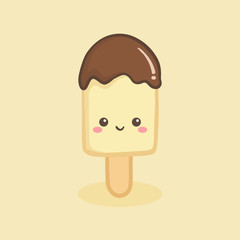 Cute Ice Cream Stick Popsicle Vanilla Flavor with Chocolate Topping Cartoon Character Smile Vector Illustration
