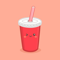 Cute Red Soda Cola Paper Cup with Straw Vector Illustration Cartoon Character
