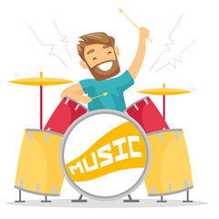 Young woman playing on drums. Caucasian mucisian playing on drums. Smiling young woman playing on drum kit. Happy woman sitting behind the drum kit. Vector cartoon illustration. Square layout.