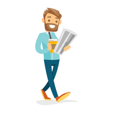 Cheerful caucasian woman reading the newspaper. Young smiling woman reading good news in newspaper. Woman standing with newspaper in hands. Vector cartoon illustration. Square layout.