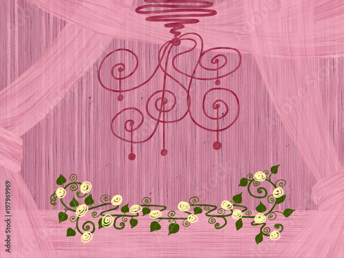 Colorful Hand Drawn Chandelier And Rose Flowers With Curtains As