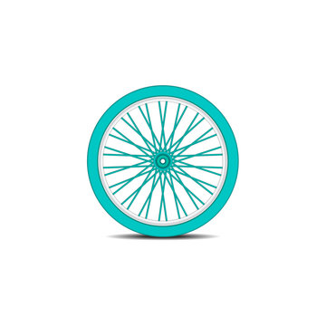 Bicycle wheel in cyan design with shadow on white background