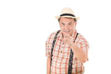 Portrait asian senior man smiling standing at isolated white background