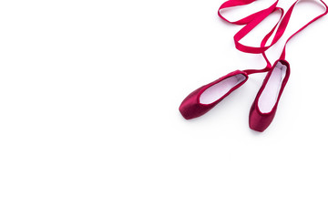 Professional dance shoes. Ballet concept. Pointes on white background top view copy space