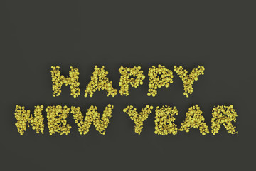 Happy New Year words from yellow balls on black background