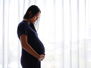 Pregnant Asian woman standing near window at home.