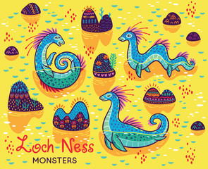 Cartoon Loch Ness Monsters and decorative hills in the lake. Vector children collection