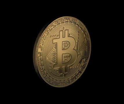 gold bitcoin on a black background, close-up. electronic money isolated