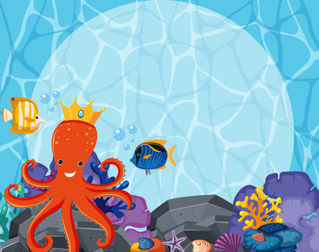 Background design with octopus and fish underwater