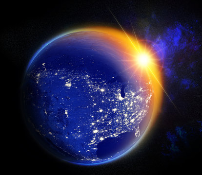 vision of sunrise over the earth visible from space,lights of cities of North America.Elements of this image are furnished by NASA