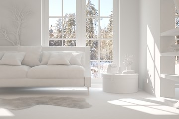 White room with sofa and winter landscape in window. Scandinavian interior design. 3D illustration