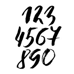 Set of calligraphic ink numbers. Textured brush lettering. Vector illustration.
