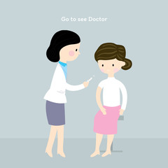 Cartoon cute woman doctor is injecting older woman in hospital vector.