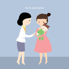 Cartoon cute woman doctor is injecting the baby, Mother carries a baby for treatment in clinic vector.