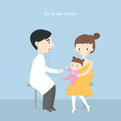 Cartoon cute  doctor is injecting the baby, Mother carries a baby for treatment in hospital vector.