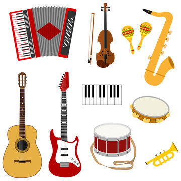 Musical instruments, a set of musical instruments. Guitar, saxophone, drum, maracas, accordion.