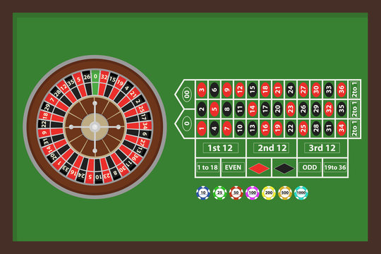Roulette, a game of roulette with chips. Game table in the casino with roulette and chips.