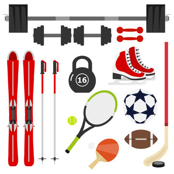 Sports Equipment. A large set of sports equipment. Dumbbell, barbell, tennis racket, soccer ball, skis, skates.