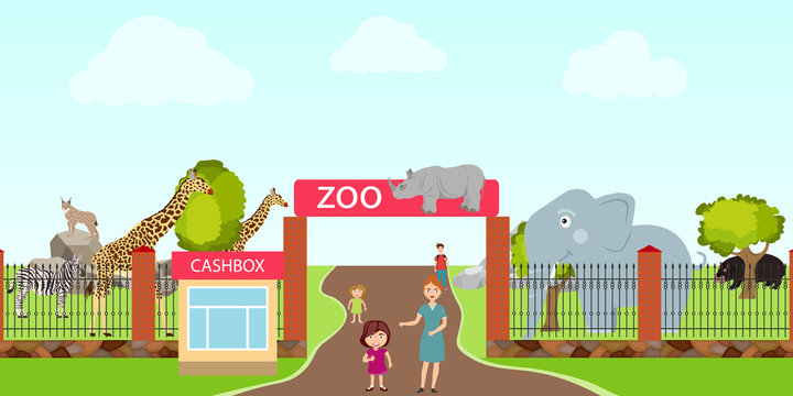 Zoo, entrance to the zoo, animals in the zoo. An elephant, a hippopotamus, a giraffe, a rhinoceros, a zebra.