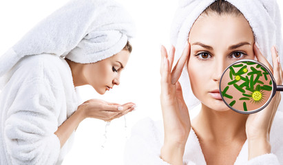 Woman washing-up her face. Protection from germs.