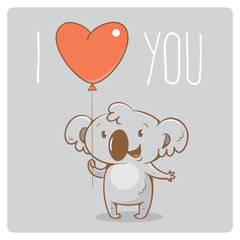 Valentine's card with cute cartoon  koala  on  gray  background. Happy animal. Funny Lover. Red balloon. Children's illustration. Vector image.