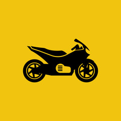 Motorcycle black icon isolated on yellow background. Sport race motorbike. Vector illustration. Two-wheeled vehicles sign. High-speed transport.