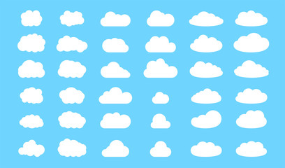 Set of clouds in blue sky. Cloud icon shape. Collection of different clouds, label, symbol. Graphic vector design element for logo, web and print.
