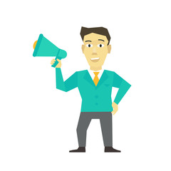 Speaker man with horn, megaphone. loudspeaker person speakerphone manager leader message. Business man politician. Flat color vector illustration.