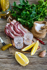 Two shot glasses of vodka with lemon slice, pickled cucumbers and rye bread with salted bacon on the dark background. Traditional strong drink and appetizer.