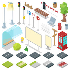 Street vector city roads with traffic light and bus stop illustration of isometric park with bench and streetlight in cityscape set isolated on white background