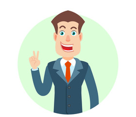 Victory! Businessman showing victory sign. Two thumbs up