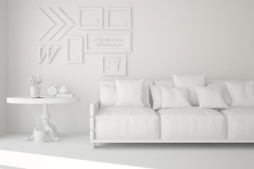 White room with sofa. Scandinavian interior design. 3D illustration