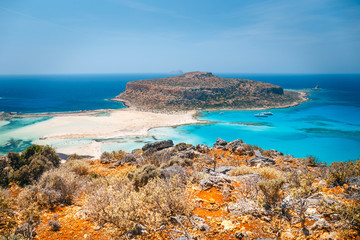 Fantastic view of Balos Lagoon and Gramvousa island on Crete, Greece.