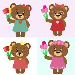 Set of cute brown bears of girl in different clothes with a bouquet of tulips in the style of a cartoon.