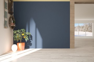Blue empty room with green flower. Scandinavian interior design. 3D illustration