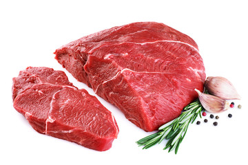 Raw beef meat, garlic, pepper and rosemary isolated on white background.