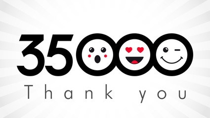 Thank you 35000 followers numbers. Congratulating black and white networking thanks, net friends image in two 2 colors, customers 35 000 likes, or % percent off discount. Round isolated smiling people