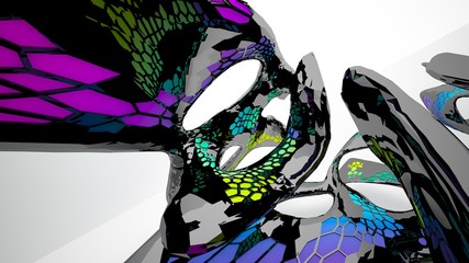 Fototapeta premium Abstract black and colored gradient parametric interiorwith window. 3D illustration and rendering.