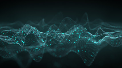 Abstract 3D wavy shape of glowing blue dots 3D rendering