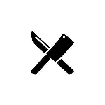Crossed Chef knife. Butcher Tools. Flat Vector Icon. Simple black symbol on white background