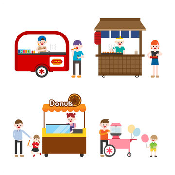 Street food for sale in food wagons. vector flat design illustration set 