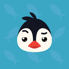 Penguin emotional head. Vector illustration of cute arctic bird shows distrust emotion. Doubt emoji. Smiley icon. Print, chat, communication. Penguin in flat cartoon style on blue background.